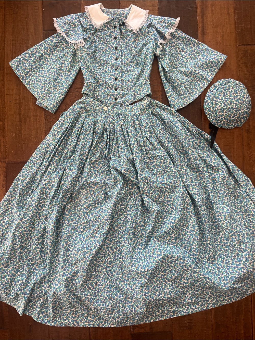 Handmade vintage 19th-century style blue ditsy floral calico pioneer costume